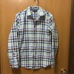 🇺🇲 Banana Republic Mens M 15.5x34 Blue White Check Non-iron Slim Fit Shirt